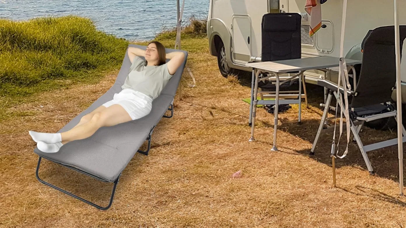 Adjustable Folding Camping Cot for Adults – Heavy Duty 5-Position Outdoor Bed with Cushion & Pillow, 1200D Oxford Fabric, Portable Lounge Chair with Carry Bag for Travel, Camping, Patio Use (Grey)