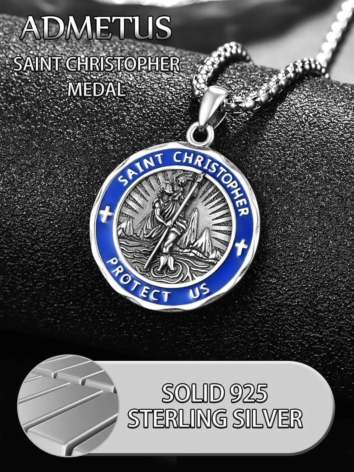ADMETUS Saint Medals 925 Sterling Silver Blue/Red Enamel Amulet Protection Jewelry Religious Gifts for Men with 2.5mm 22" 2" Rolo Chain