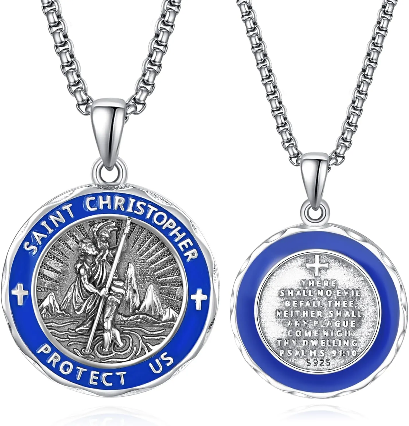 ADMETUS Saint Medals 925 Sterling Silver Blue/Red Enamel Amulet Protection Jewelry Religious Gifts for Men with 2.5mm 22" 2" Rolo Chain