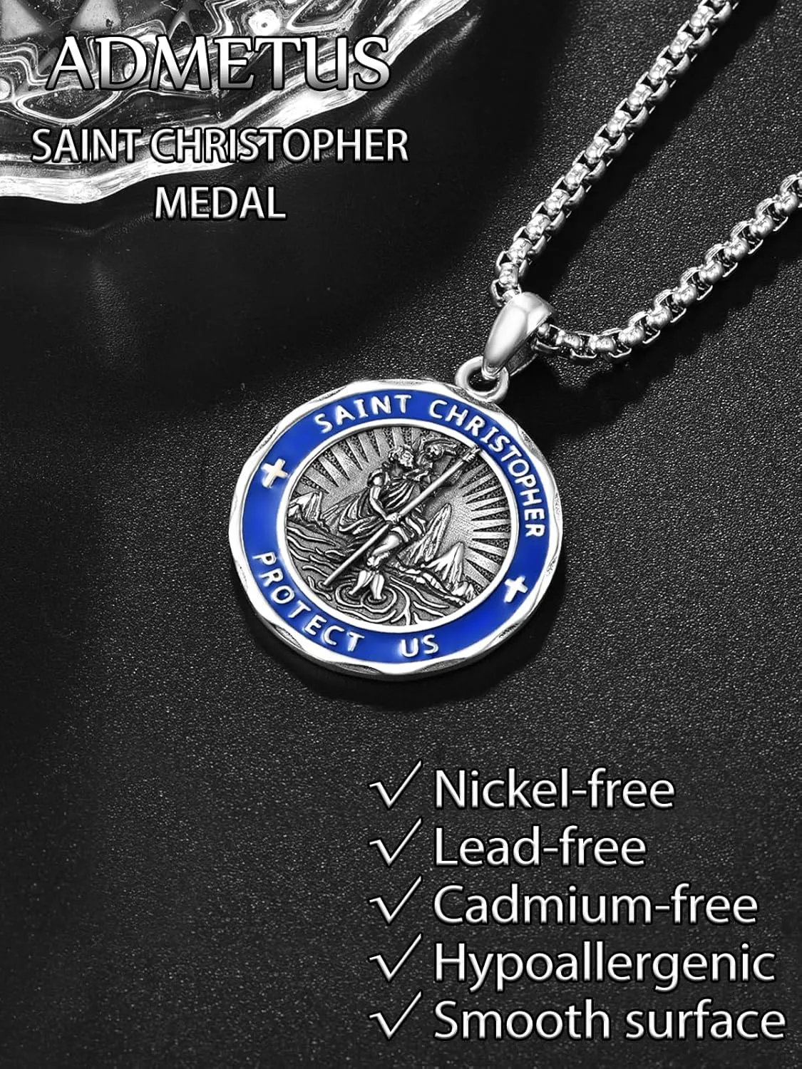 ADMETUS Saint Medals 925 Sterling Silver Blue/Red Enamel Amulet Protection Jewelry Religious Gifts for Men with 2.5mm 22" 2" Rolo Chain