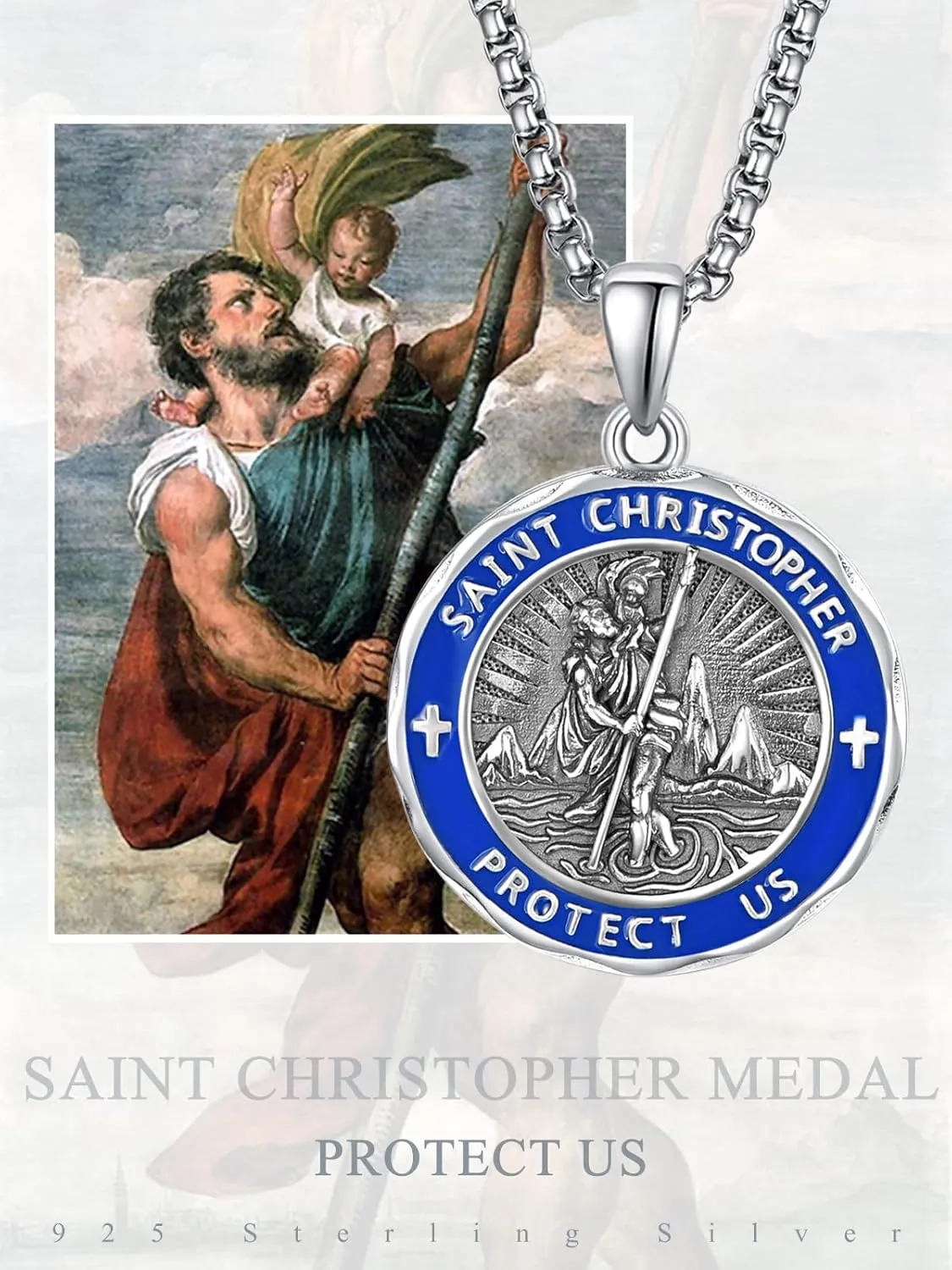 ADMETUS Saint Medals 925 Sterling Silver Blue/Red Enamel Amulet Protection Jewelry Religious Gifts for Men with 2.5mm 22" 2" Rolo Chain