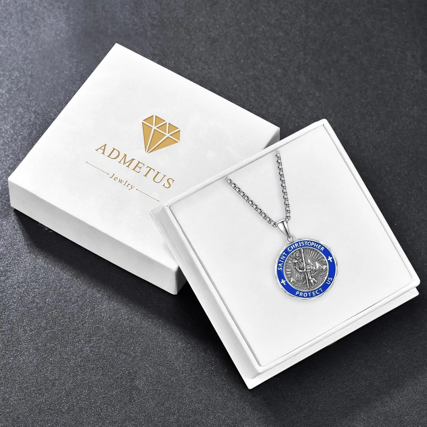 ADMETUS Saint Medals 925 Sterling Silver Blue/Red Enamel Amulet Protection Jewelry Religious Gifts for Men with 2.5mm 22" 2" Rolo Chain