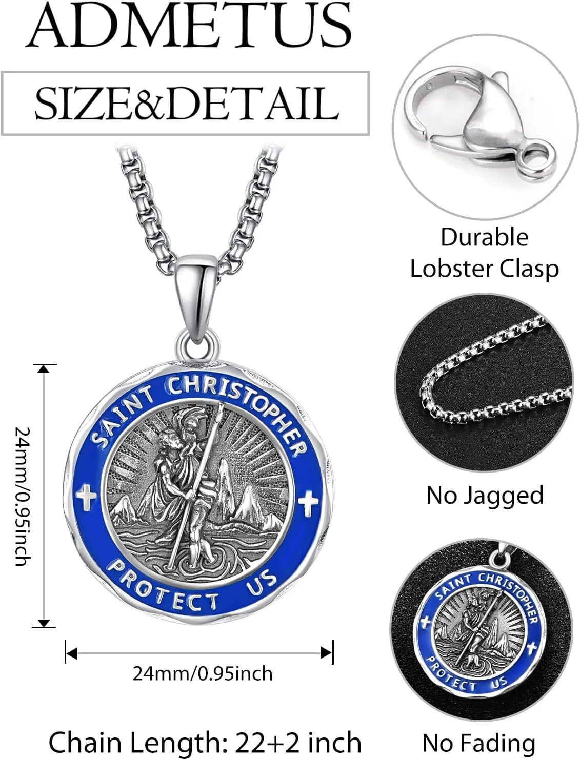 ADMETUS Saint Medals 925 Sterling Silver Blue/Red Enamel Amulet Protection Jewelry Religious Gifts for Men with 2.5mm 22" 2" Rolo Chain