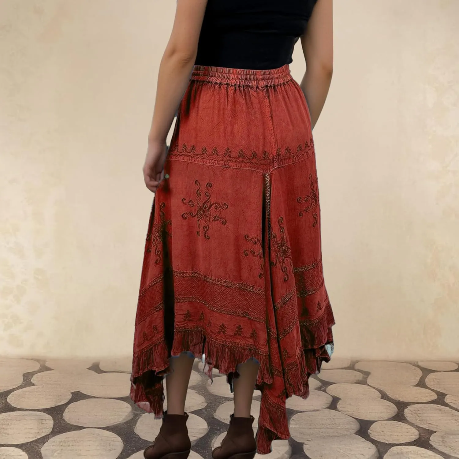 Agan Traders 2025 Spring Women's Flowy Handkerchief Hemline Midi Maxi Skirts for Women - Gypsy Embroidered Ruffle Long Skirts