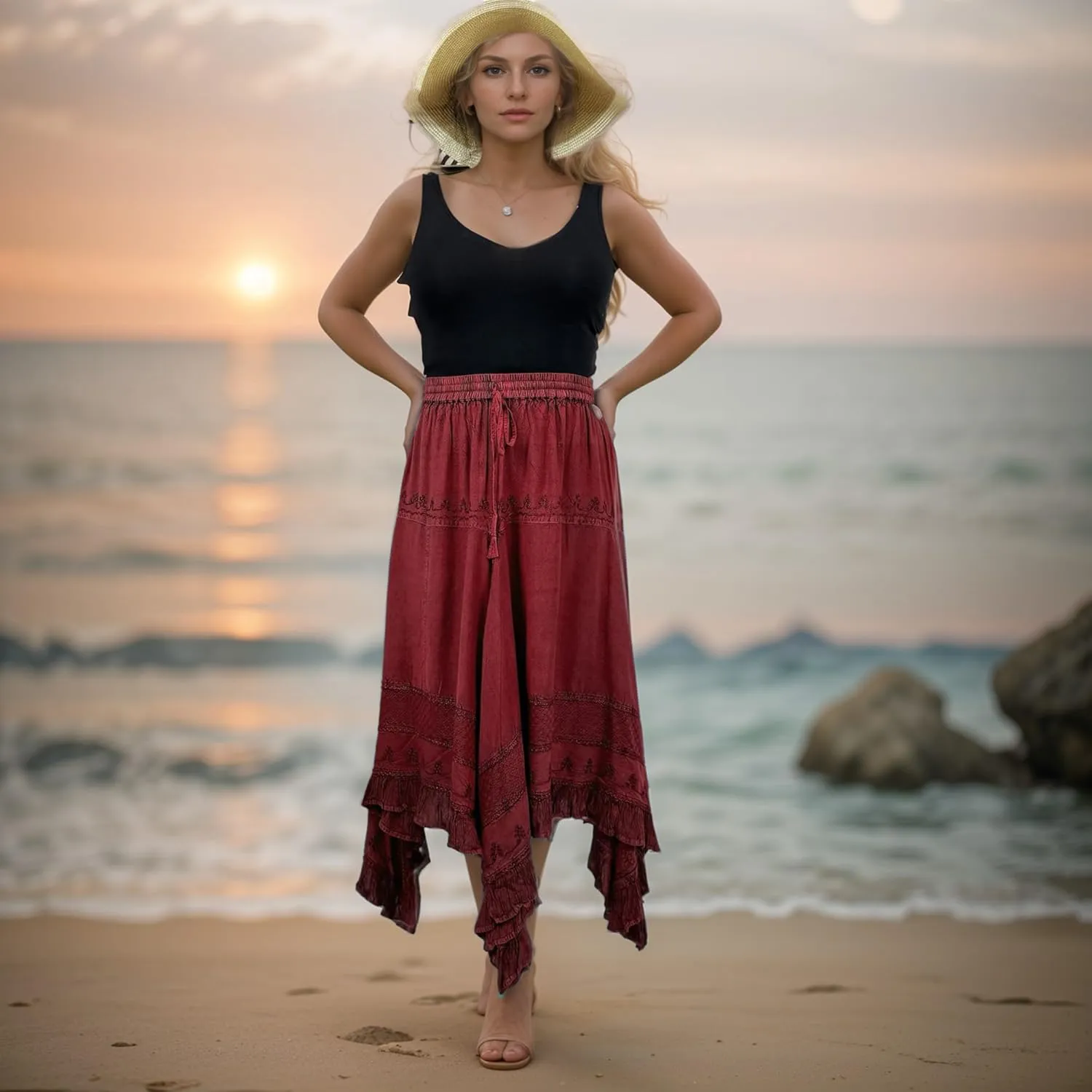 Agan Traders 2025 Spring Women's Flowy Handkerchief Hemline Midi Maxi Skirts for Women - Gypsy Embroidered Ruffle Long Skirts