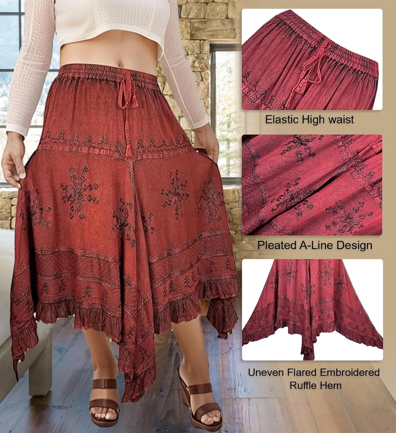 Agan Traders 2025 Spring Women's Flowy Handkerchief Hemline Midi Maxi Skirts for Women - Gypsy Embroidered Ruffle Long Skirts