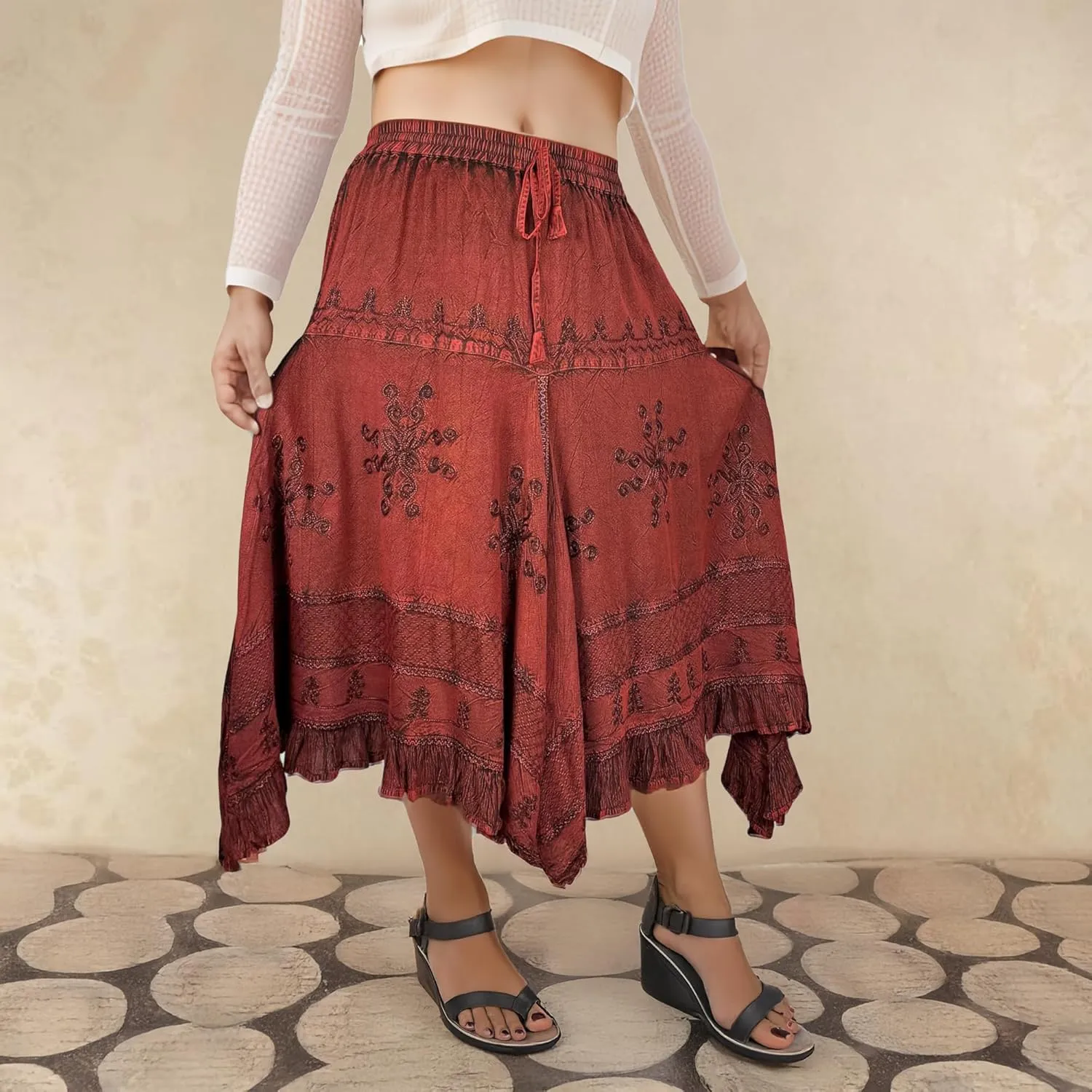 Agan Traders 2025 Spring Women's Flowy Handkerchief Hemline Midi Maxi Skirts for Women - Gypsy Embroidered Ruffle Long Skirts