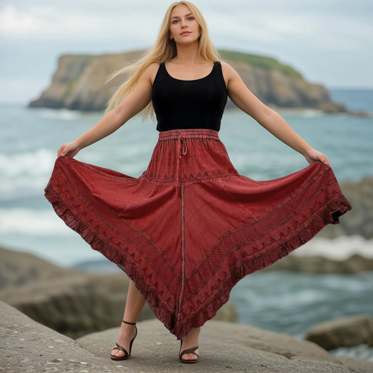 Agan Traders 2025 Spring Women's Flowy Handkerchief Hemline Midi Maxi Skirts for Women - Gypsy Embroidered Ruffle Long Skirts