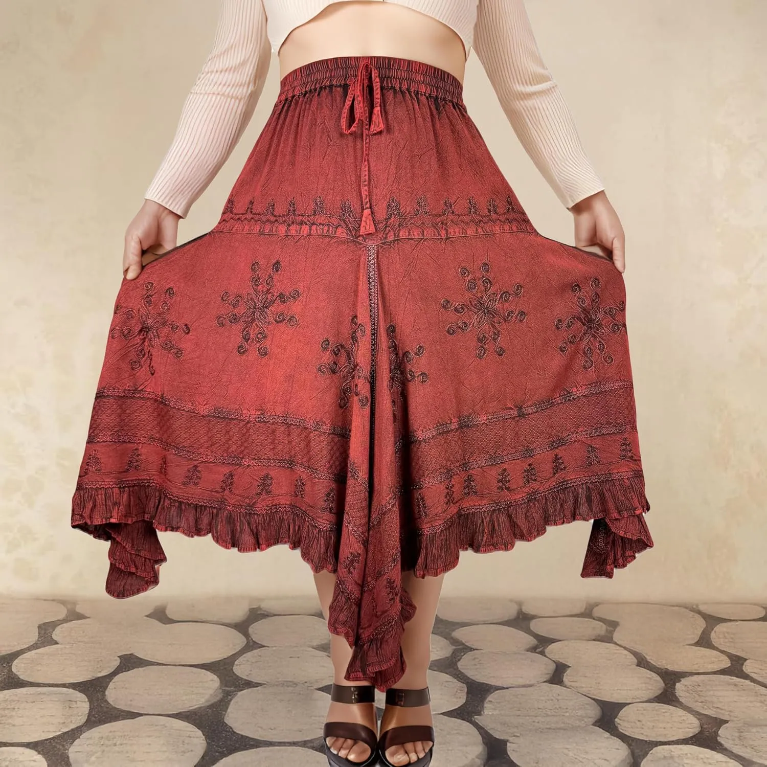 Agan Traders 2025 Spring Women's Flowy Handkerchief Hemline Midi Maxi Skirts for Women - Gypsy Embroidered Ruffle Long Skirts