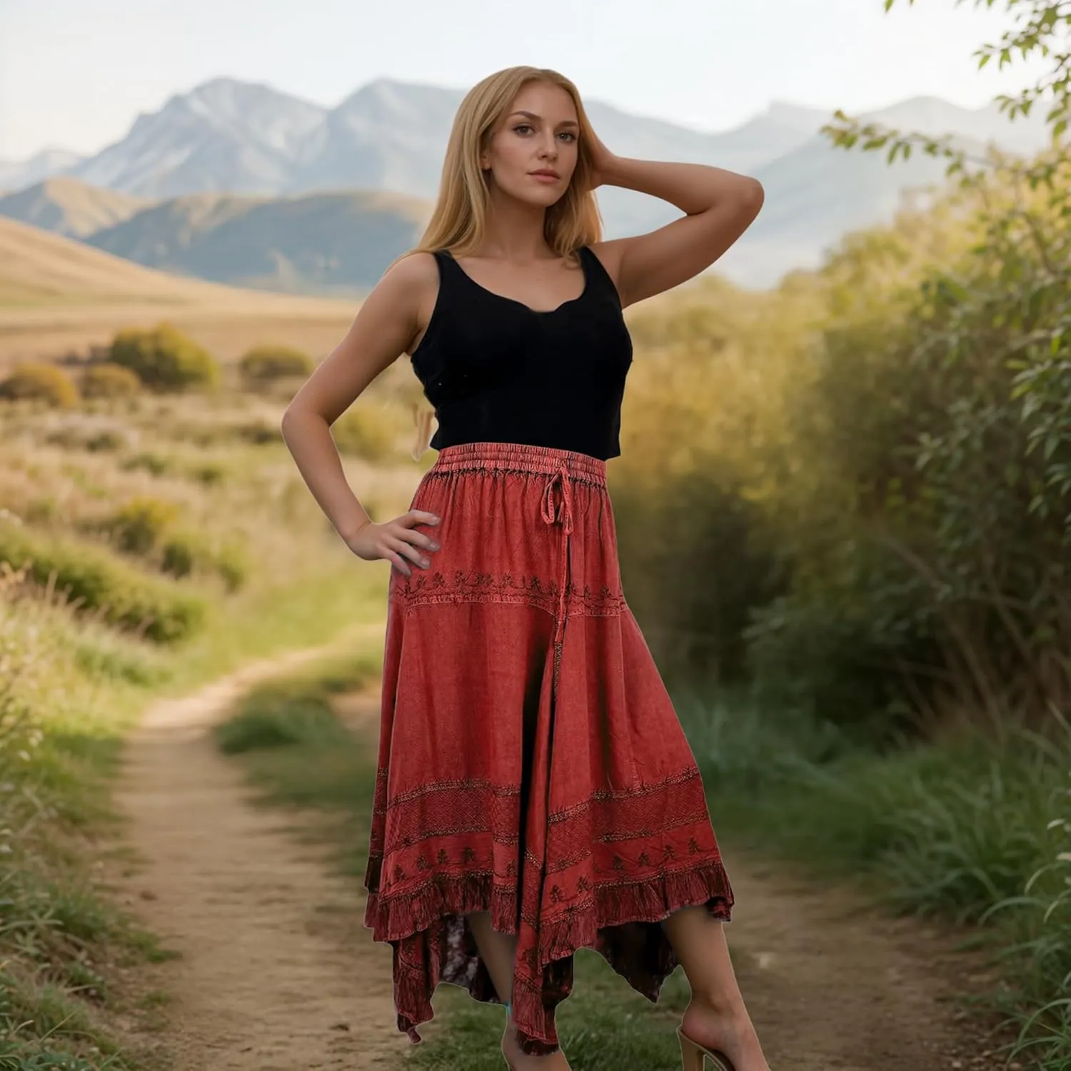 Agan Traders 2025 Spring Women's Flowy Handkerchief Hemline Midi Maxi Skirts for Women - Gypsy Embroidered Ruffle Long Skirts