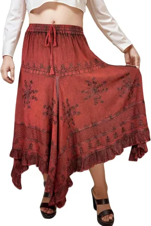 Agan Traders 2025 Spring Women's Flowy Handkerchief Hemline Midi Maxi Skirts for Women - Gypsy Embroidered Ruffle Long Skirts