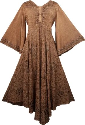 Agan Traders Women's 2025 Sping Bohemian Medieval Renaissance Embroidered Bell Sleeve Flared Calf Length Dress Gown