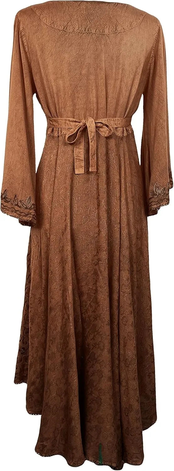Agan Traders Women's 2025 Sping Bohemian Medieval Renaissance Embroidered Bell Sleeve Flared Calf Length Dress Gown