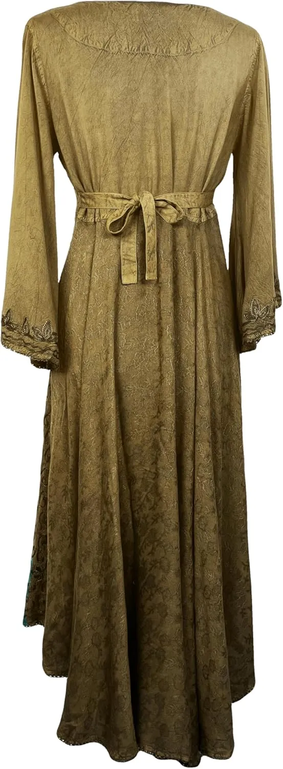 Agan Traders Women's 2025 Sping Bohemian Medieval Renaissance Embroidered Bell Sleeve Flared Calf Length Dress Gown
