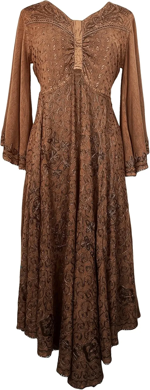Agan Traders Women's 2025 Sping Bohemian Medieval Renaissance Embroidered Bell Sleeve Flared Calf Length Dress Gown