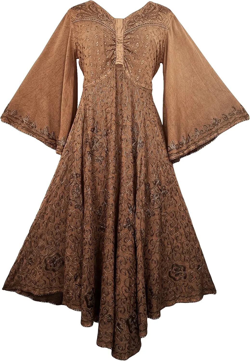 Agan Traders Women's 2025 Sping Bohemian Medieval Renaissance Embroidered Bell Sleeve Flared Calf Length Dress Gown