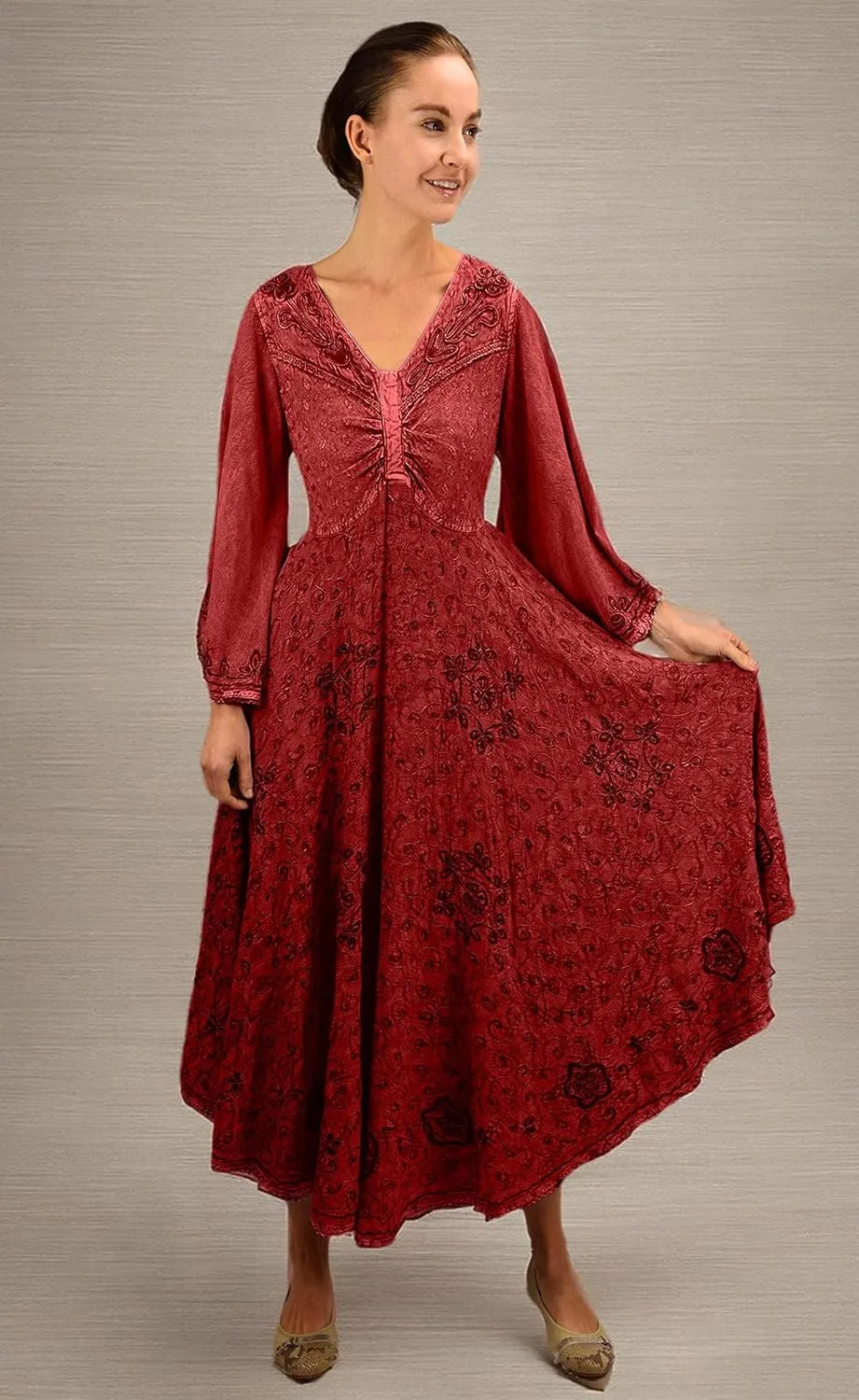 Agan Traders Women's 2025 Sping Bohemian Medieval Renaissance Embroidered Bell Sleeve Flared Calf Length Dress Gown