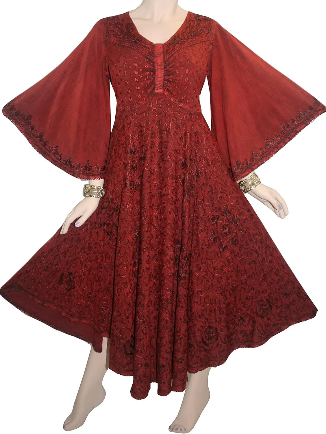 Agan Traders Women's 2025 Sping Bohemian Medieval Renaissance Embroidered Bell Sleeve Flared Calf Length Dress Gown