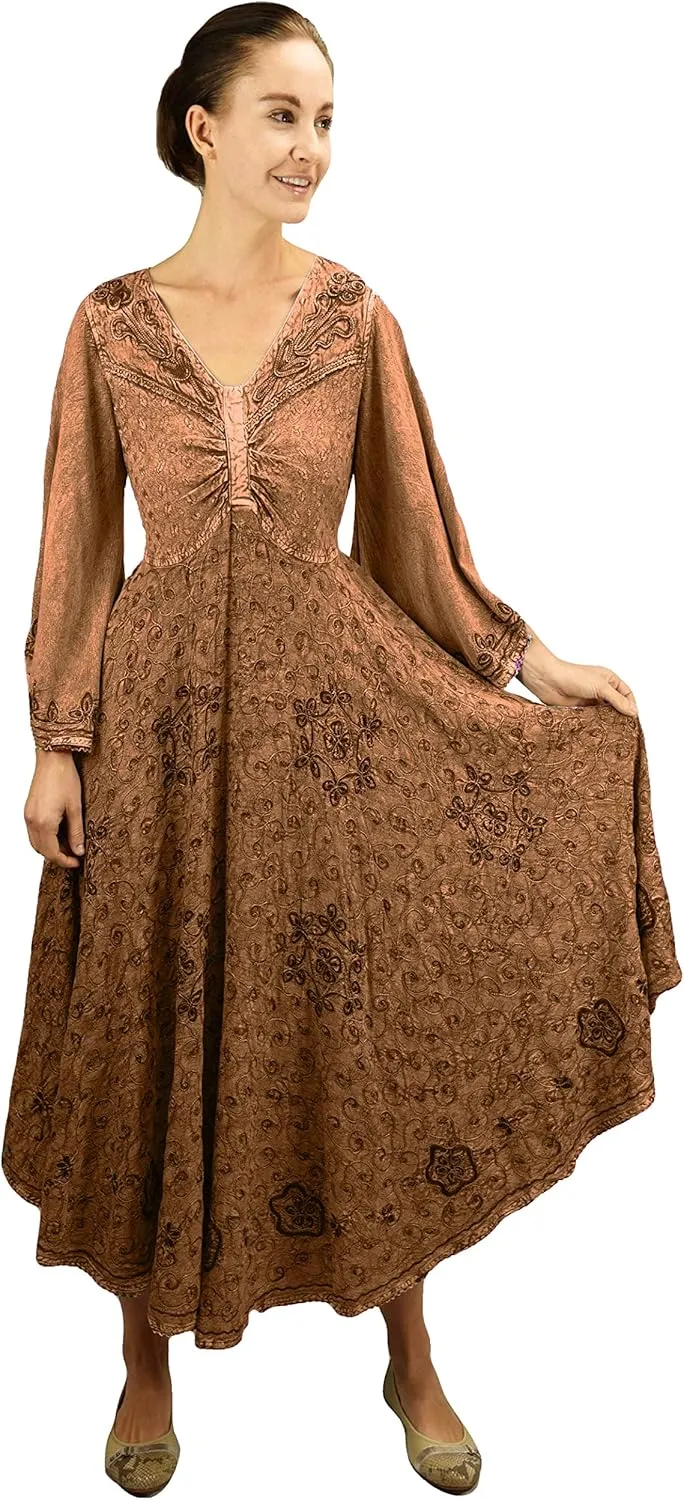 Agan Traders Women's 2025 Sping Bohemian Medieval Renaissance Embroidered Bell Sleeve Flared Calf Length Dress Gown