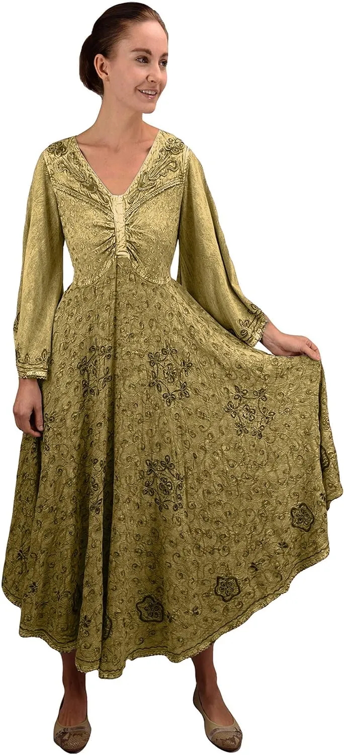 Agan Traders Women's 2025 Sping Bohemian Medieval Renaissance Embroidered Bell Sleeve Flared Calf Length Dress Gown