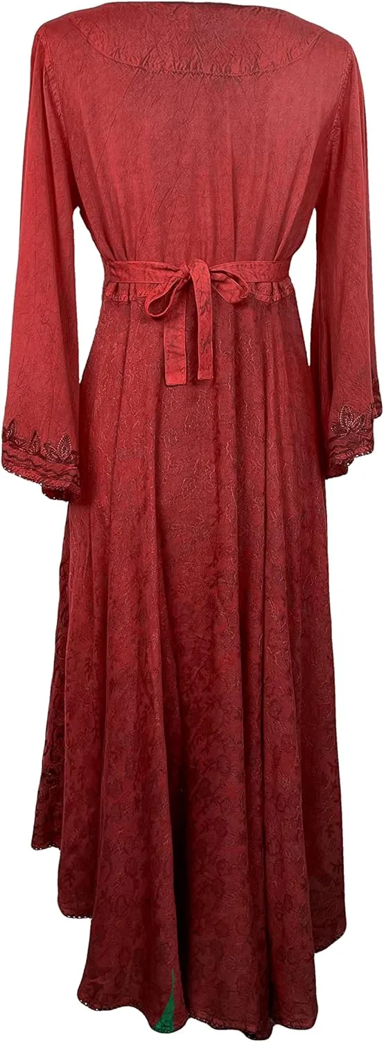 Agan Traders Women's 2025 Sping Bohemian Medieval Renaissance Embroidered Bell Sleeve Flared Calf Length Dress Gown