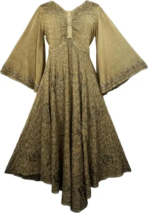 Agan Traders Women's 2025 Sping Bohemian Medieval Renaissance Embroidered Bell Sleeve Flared Calf Length Dress Gown