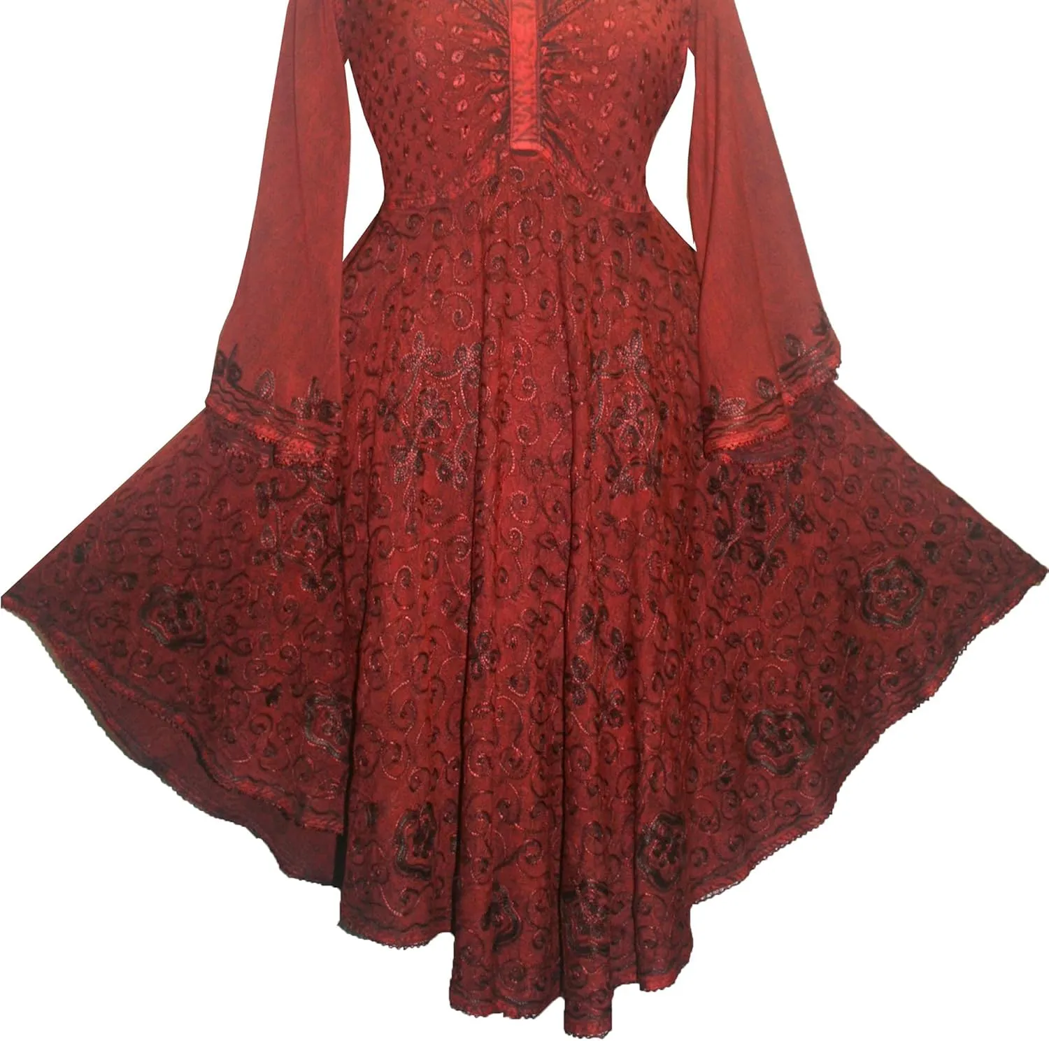 Agan Traders Women's 2025 Spring V Neck Roman Bohemian Embroidered Bell Sleeve Big Hem Flared Dress Mid Calf