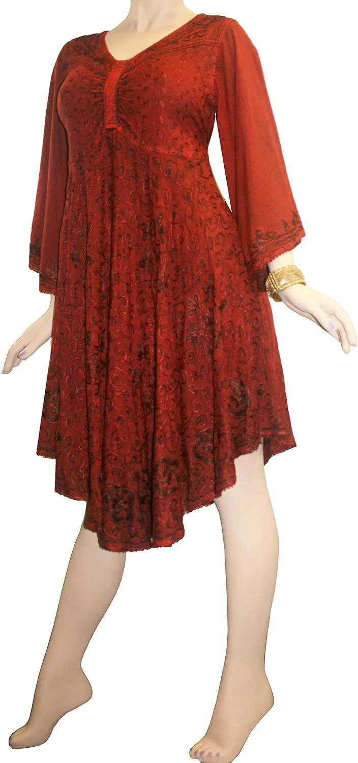 Agan Traders Women's 2025 Spring V Neck Roman Bohemian Embroidered Bell Sleeve Big Hem Flared Dress Mid Calf