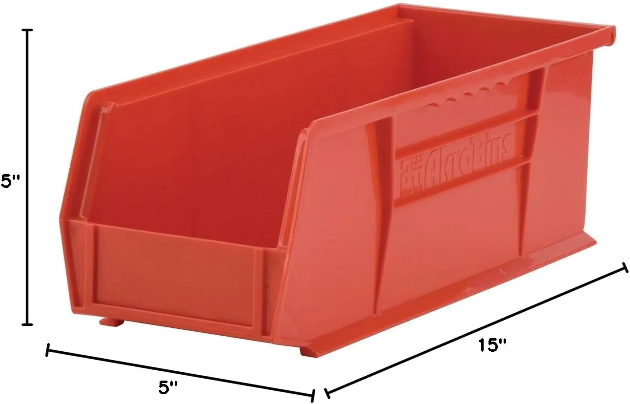 Akro-Mils 30234 AkroBins Plastic Storage Bins, Space-Saving Stackable Bins for Garage, Pantry, Craft Organization, 15-Inch x 5-Inch x 5-Inch, Red, 12-Pack