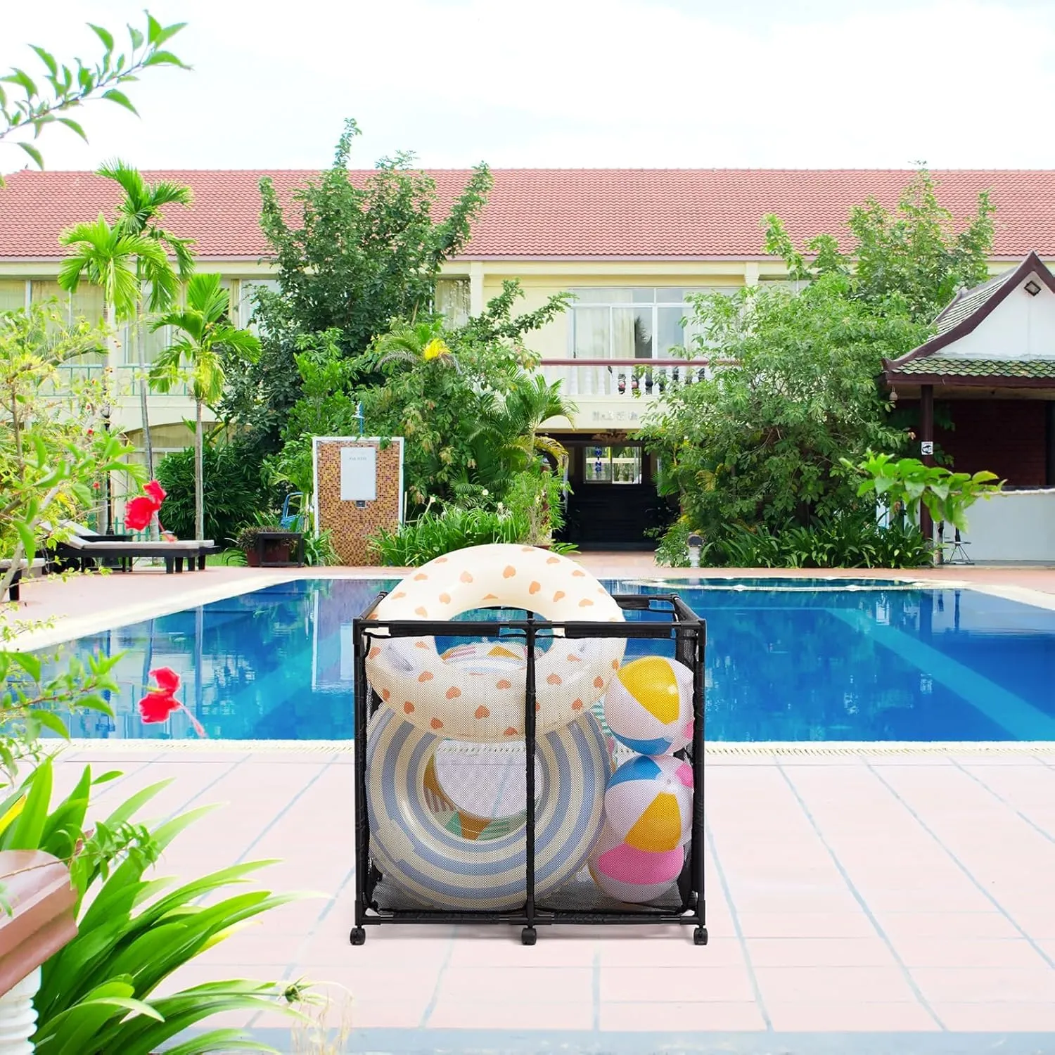ALIMORDEN Pool Storage Bin, Rolling Mesh Basket Organizer, Metal Frame Container Holder for Swimming Balls, Floats, Toys and Beach Towels, Black