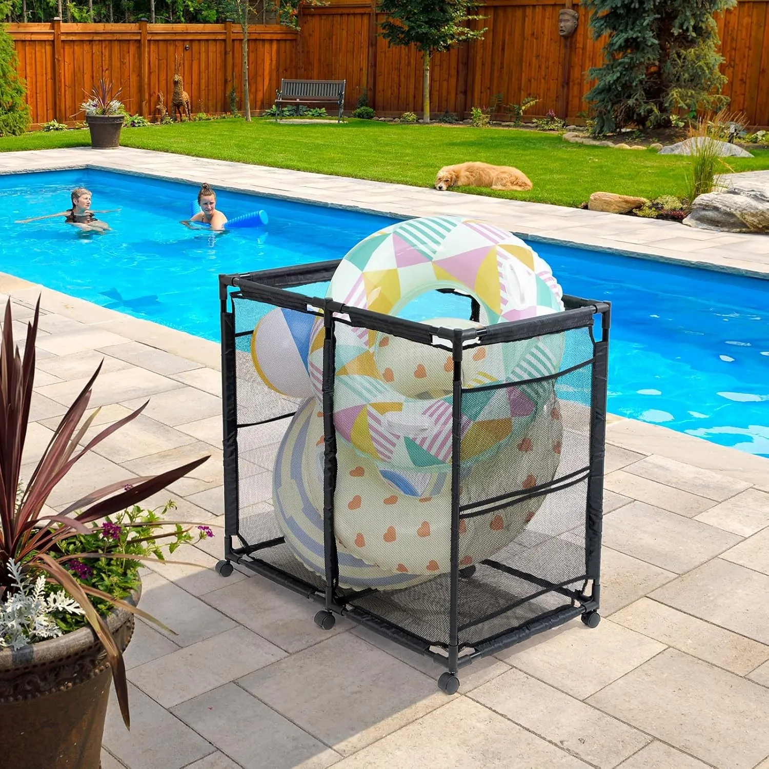 ALIMORDEN Pool Storage Bin, Rolling Mesh Basket Organizer, Metal Frame Container Holder for Swimming Balls, Floats, Toys and Beach Towels, Black