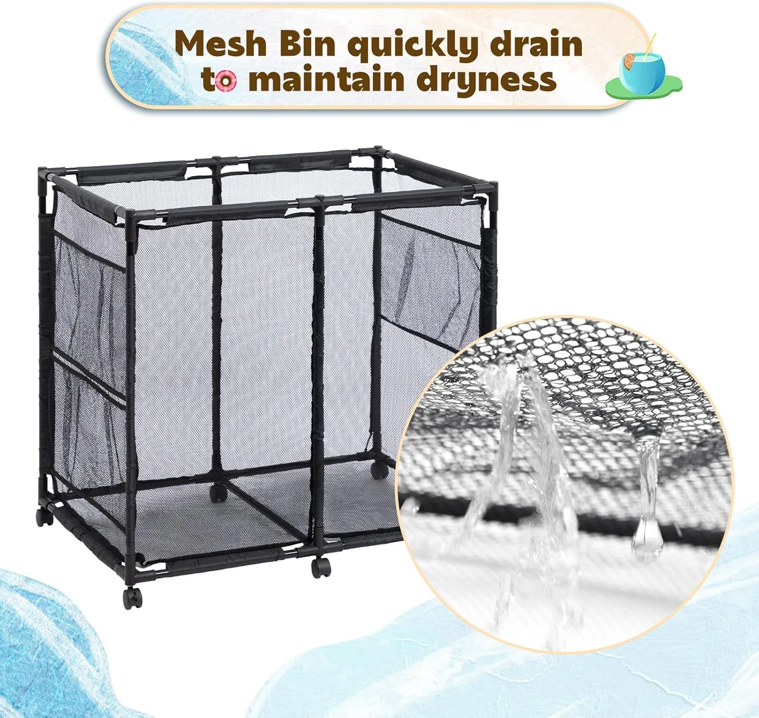 ALIMORDEN Pool Storage Bin, Rolling Mesh Basket Organizer, Metal Frame Container Holder for Swimming Balls, Floats, Toys and Beach Towels, Black