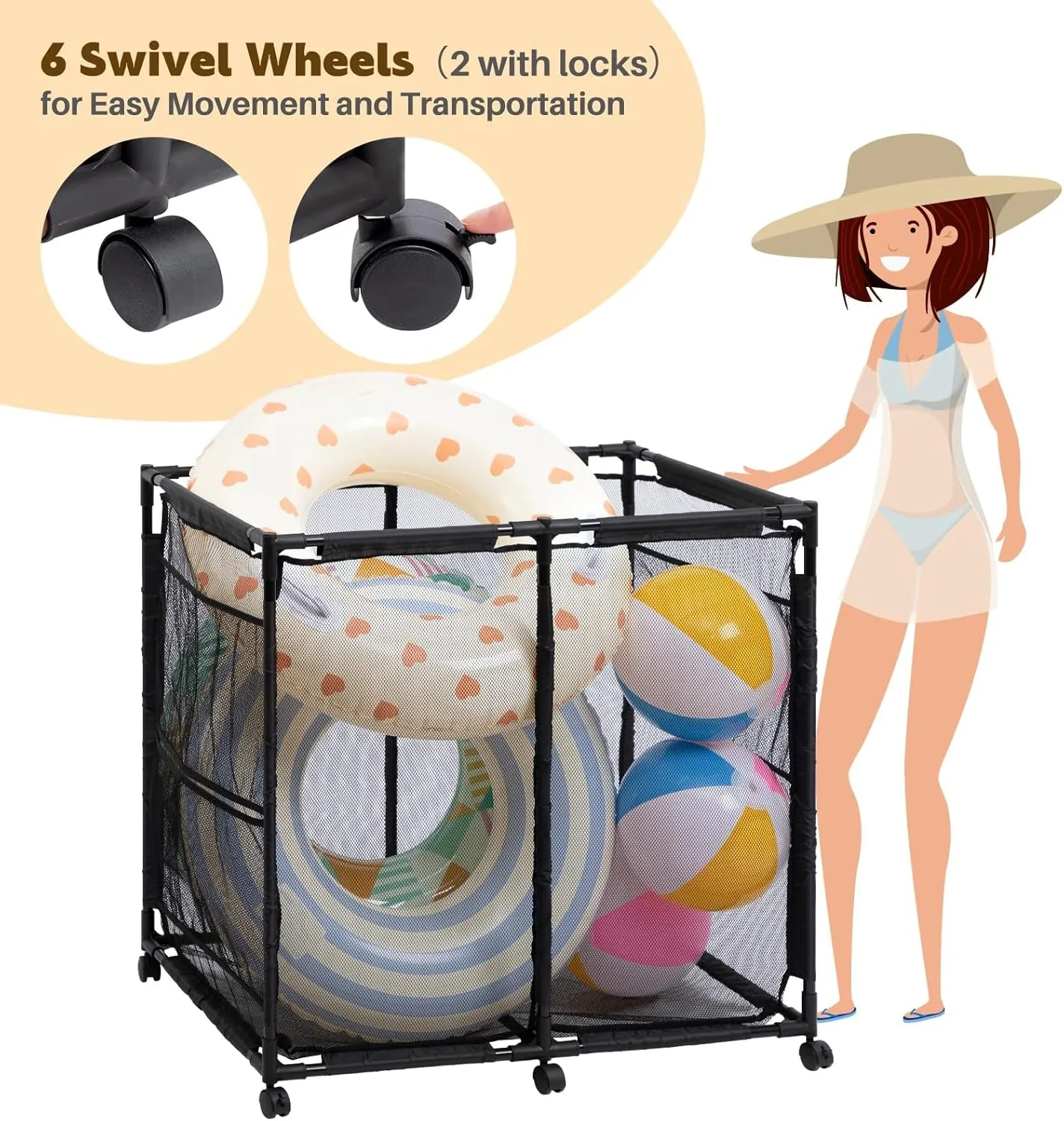 ALIMORDEN Pool Storage Bin, Rolling Mesh Basket Organizer, Metal Frame Container Holder for Swimming Balls, Floats, Toys and Beach Towels, Black