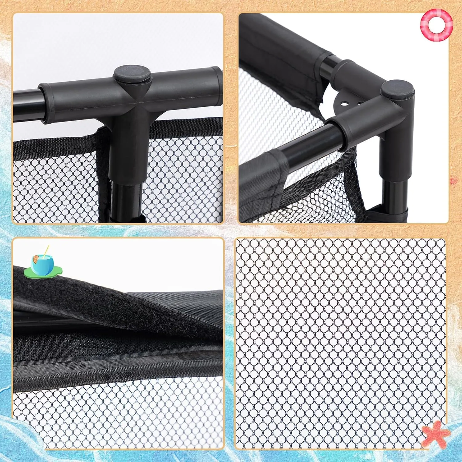 ALIMORDEN Pool Storage Bin, Rolling Mesh Basket Organizer, Metal Frame Container Holder for Swimming Balls, Floats, Toys and Beach Towels, Black