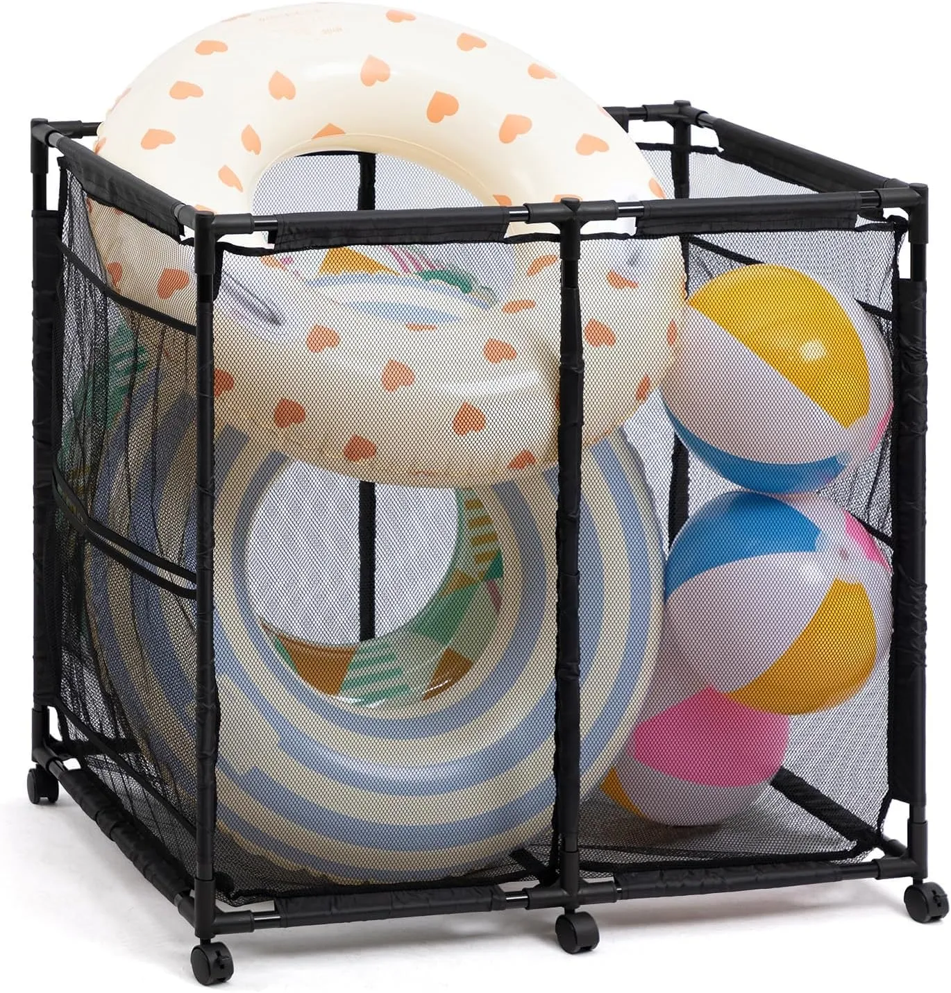 ALIMORDEN Pool Storage Bin, Rolling Mesh Basket Organizer, Metal Frame Container Holder for Swimming Balls, Floats, Toys and Beach Towels, Black