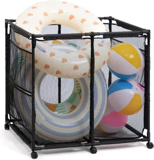 ALIMORDEN Pool Storage Bin, Rolling Mesh Basket Organizer, Metal Frame Container Holder for Swimming Balls, Floats, Toys and Beach Towels, Black