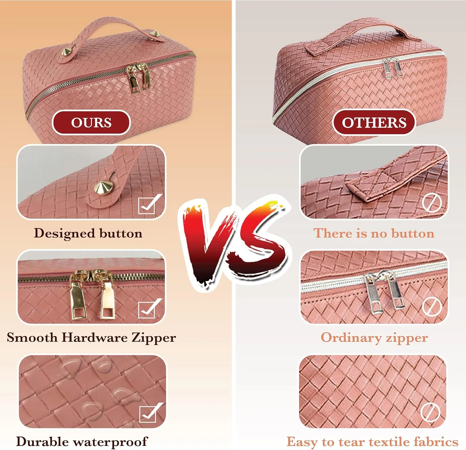 ALIYATO Large Capacity Travel Cosmetic Bag: Makeup Bag Organizer, Makeup Travel Bag Portable Leather Waterproof With Handle and Divider Flat Lay Makeup Bags for Women. checkered makeup bag (Pink)