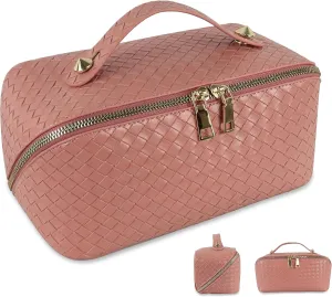 ALIYATO Large Capacity Travel Cosmetic Bag: Makeup Bag Organizer, Makeup Travel Bag Portable Leather Waterproof With Handle and Divider Flat Lay Makeup Bags for Women. checkered makeup bag (Pink)