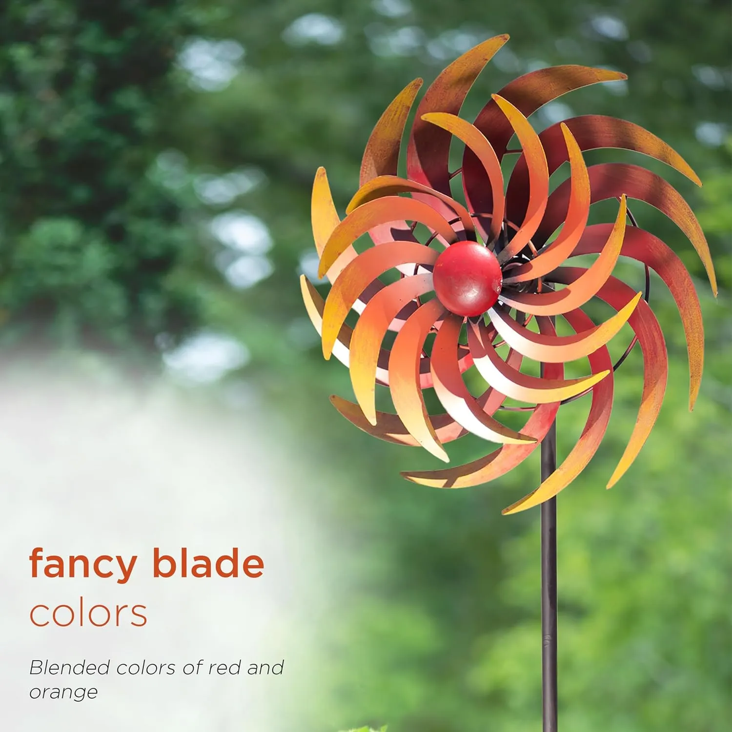 Alpine Corporation 75" Tall Outdoor Dual Metal Rustic Garden Kinetic Wind Spinner Stake, Red and Orange
