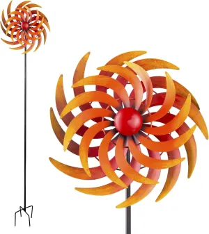 Alpine Corporation 75" Tall Outdoor Dual Metal Rustic Garden Kinetic Wind Spinner Stake, Red and Orange