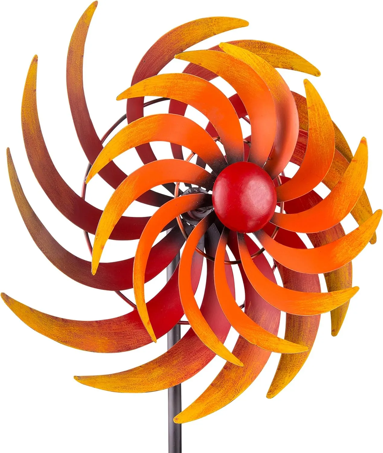 Alpine Corporation 75" Tall Outdoor Dual Metal Rustic Garden Kinetic Wind Spinner Stake, Red and Orange