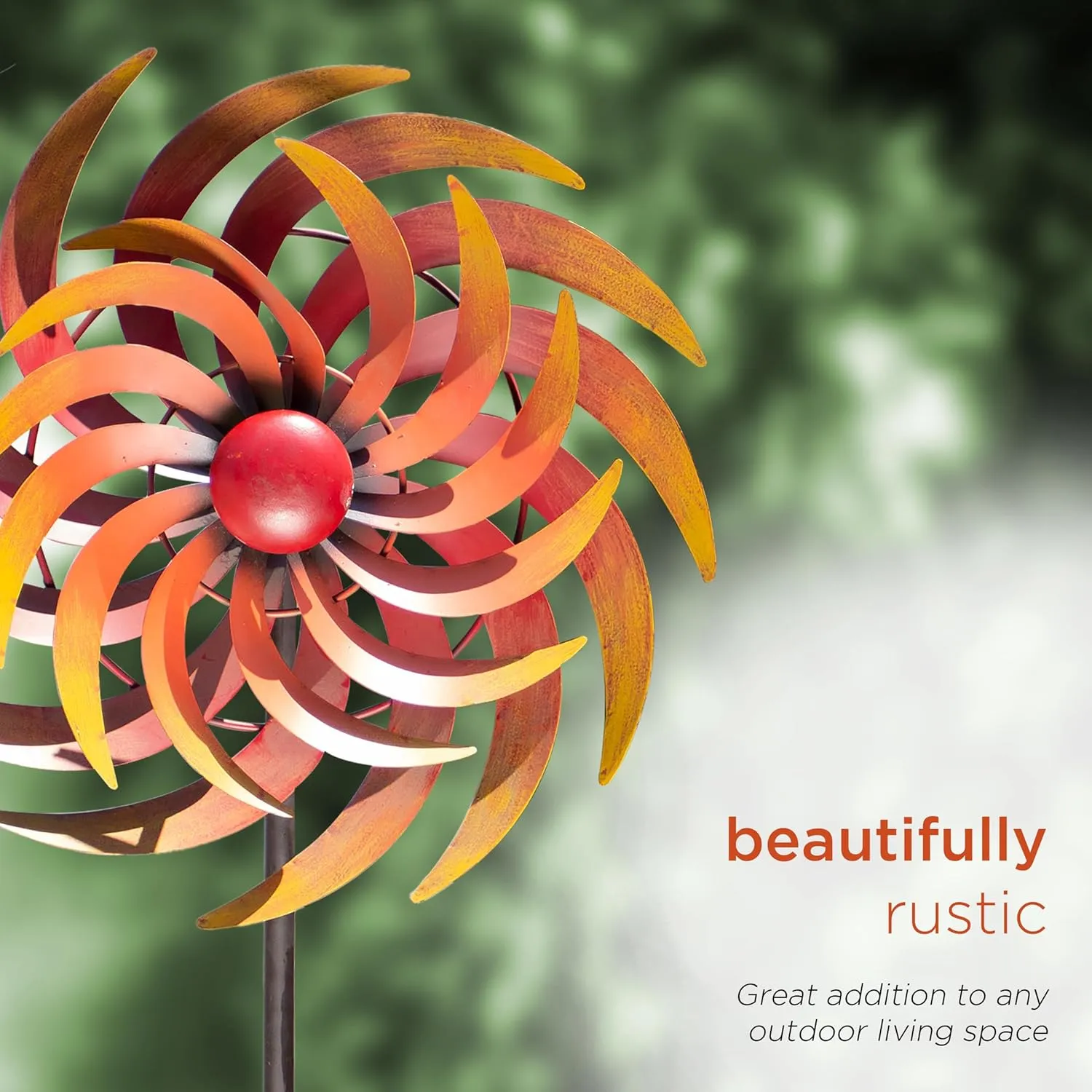 Alpine Corporation 75" Tall Outdoor Dual Metal Rustic Garden Kinetic Wind Spinner Stake, Red and Orange