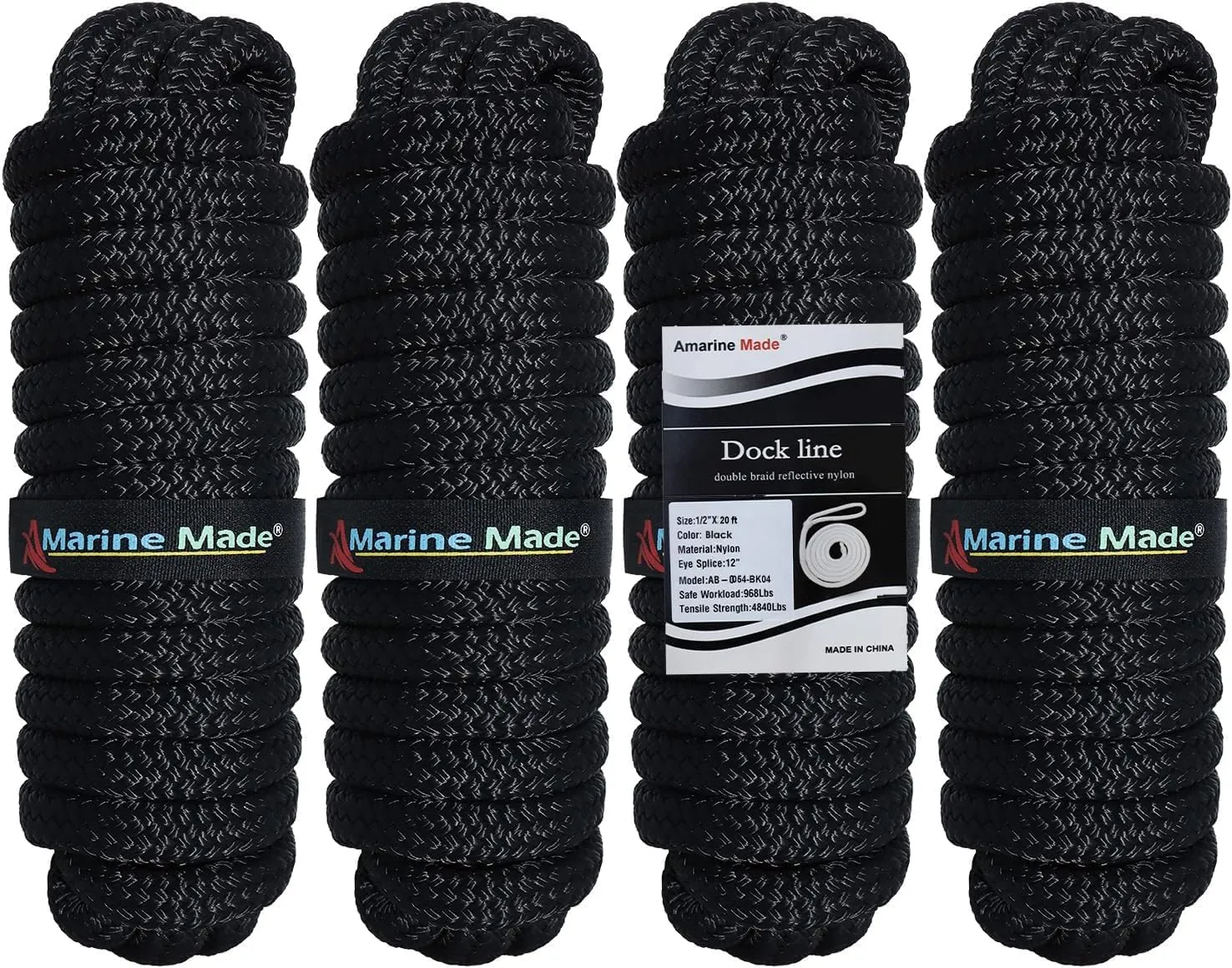 Amarine Made 1/2" x 20' Dock Line, 4pcs Double Braided Nylon Boat Dock Lines,12" Eyelet Marine Mooring Rope with Loop Docking,4840 lbs Breaking Strength,Boat Dock Line Working Load Limit:968 lbs