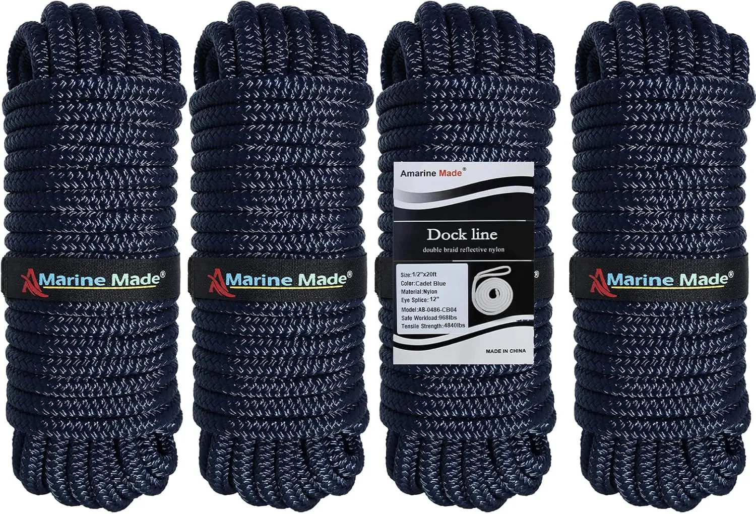 Amarine Made Dock Lines, 4pcs Boat Dock Lines 1/2” X 20’, 12” Eyelet Double-Braided Boat Lines Docking 968lbs Working Load, Nylon Dock Ropes with 4840lbs Strength, for Boat Outdoor Activities, Blue