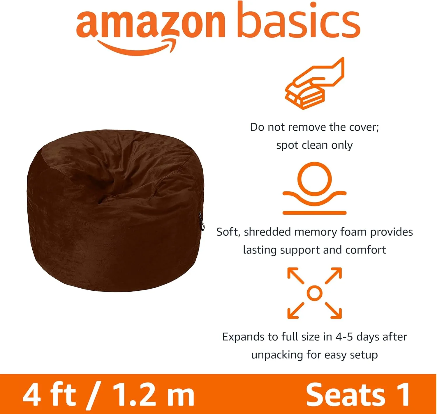 Amazon Basics Extra Large Bean Bag Chair Lounger, 4 ft Memory Foam Filled, Microfiber Cover, Brown, Solid