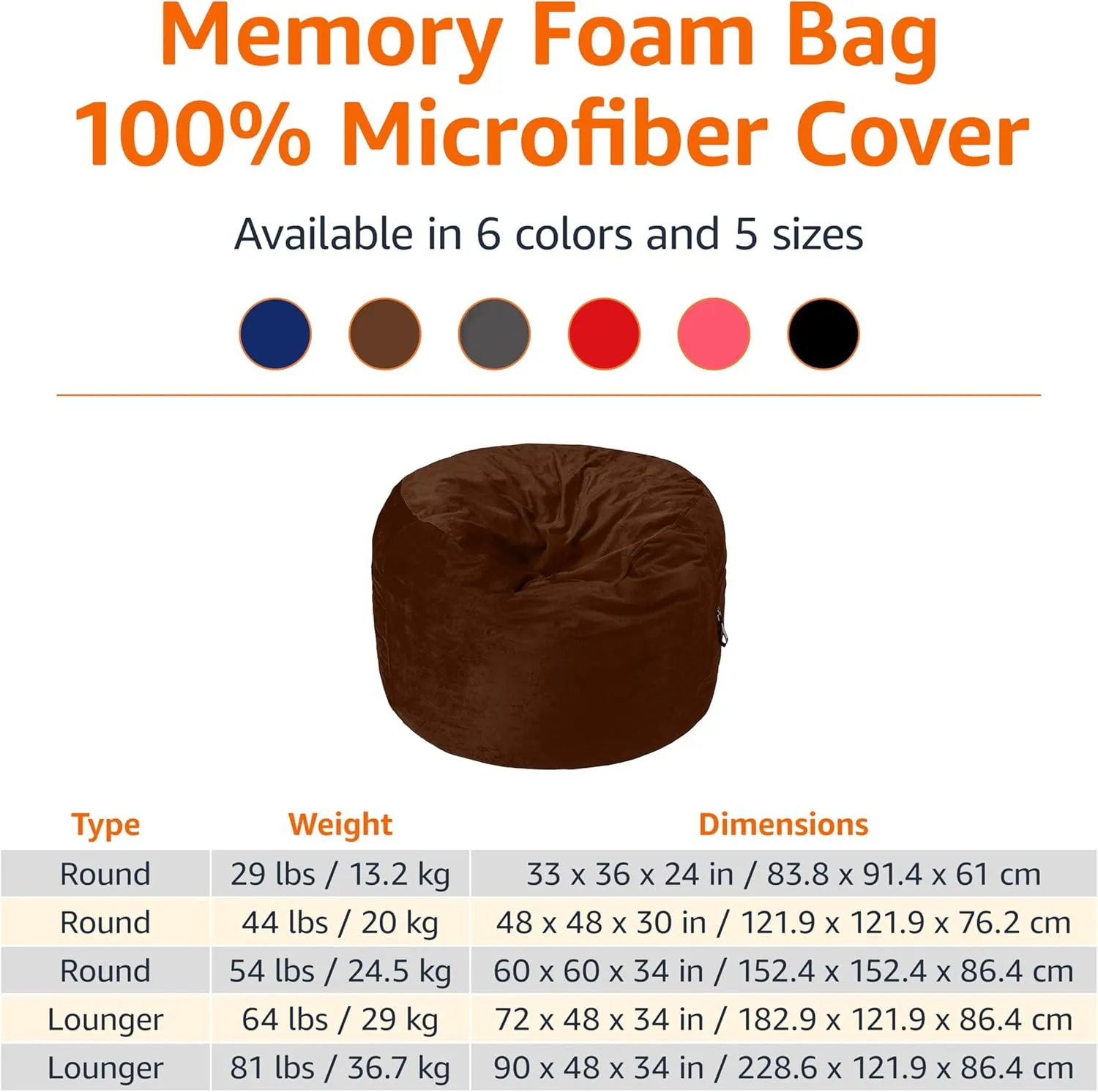 Amazon Basics Extra Large Bean Bag Chair Lounger, 4 ft Memory Foam Filled, Microfiber Cover, Brown, Solid