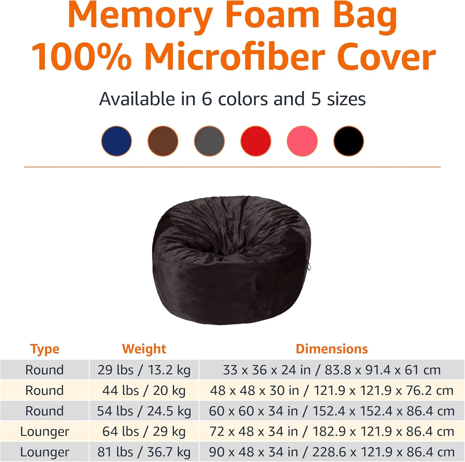 Amazon Basics Extra Large Bean Bag Chair Lounger, 4 ft Memory Foam Filled, Microfiber Cover, Solid Grey