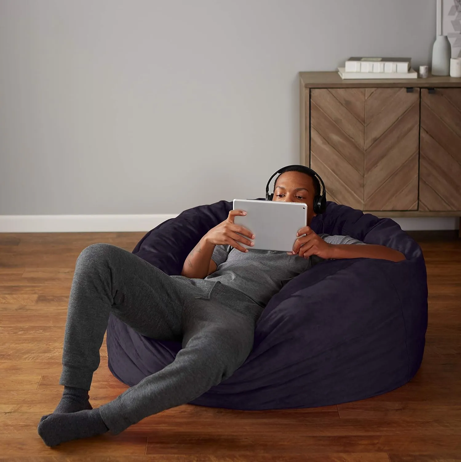 Amazon Basics Extra Large Bean Bag Chair Lounger, 4 ft Memory Foam Filled, Microfiber Cover, Solid Grey