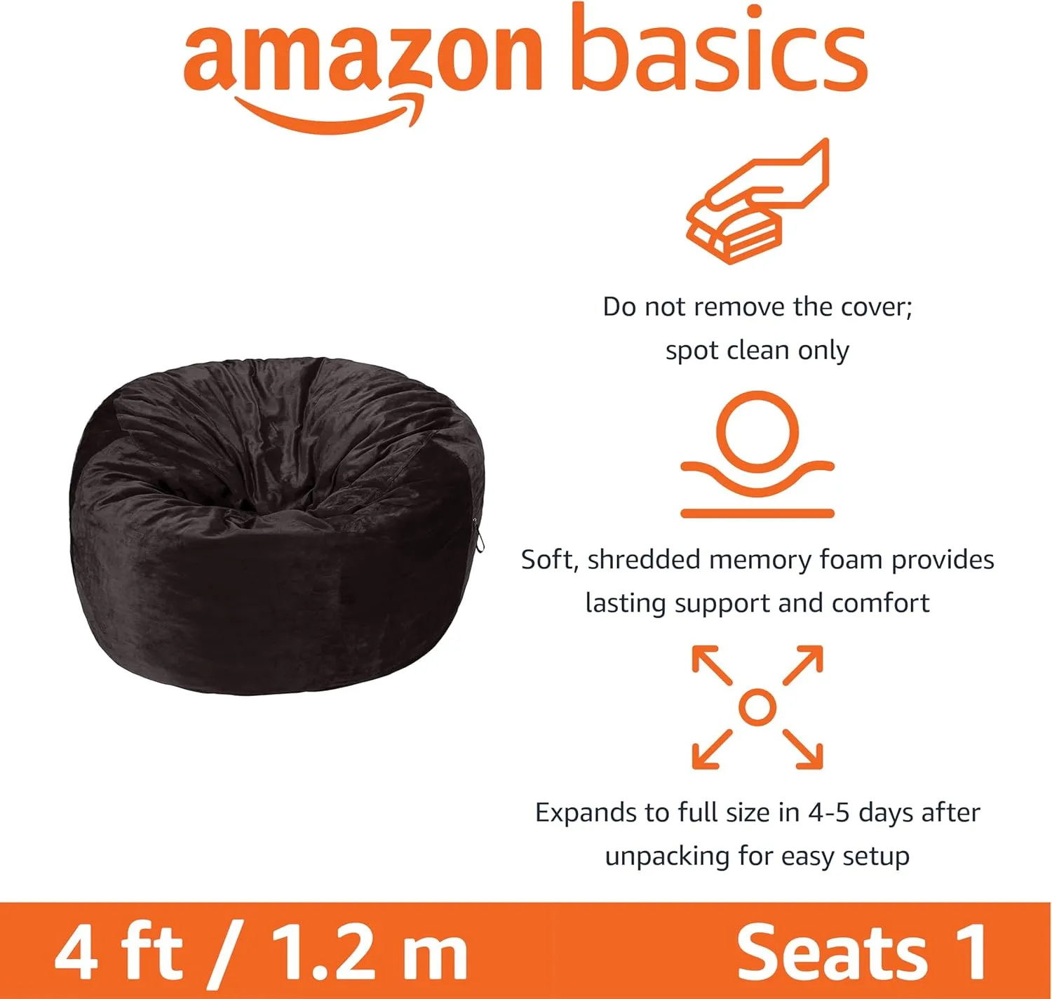 Amazon Basics Extra Large Bean Bag Chair Lounger, 4 ft Memory Foam Filled, Microfiber Cover, Solid Grey