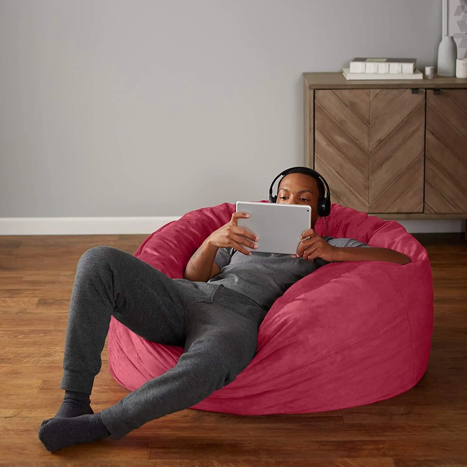 Amazon Basics Extra Large Bean Bag Chair Lounger, 4 ft Memory Foam Filled, Microfiber Cover, Solid Pink